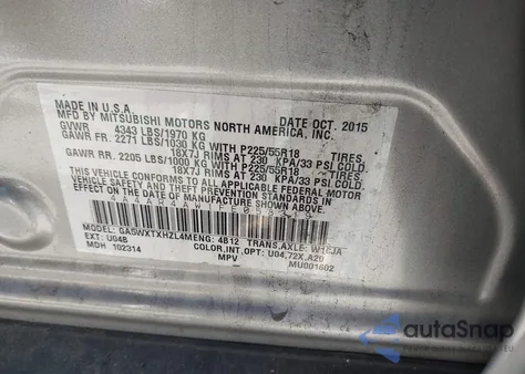 2015 Mitsubishi Outlander Sport Gt from USA, damaged, VIN 4A4AR4AW1FE058319